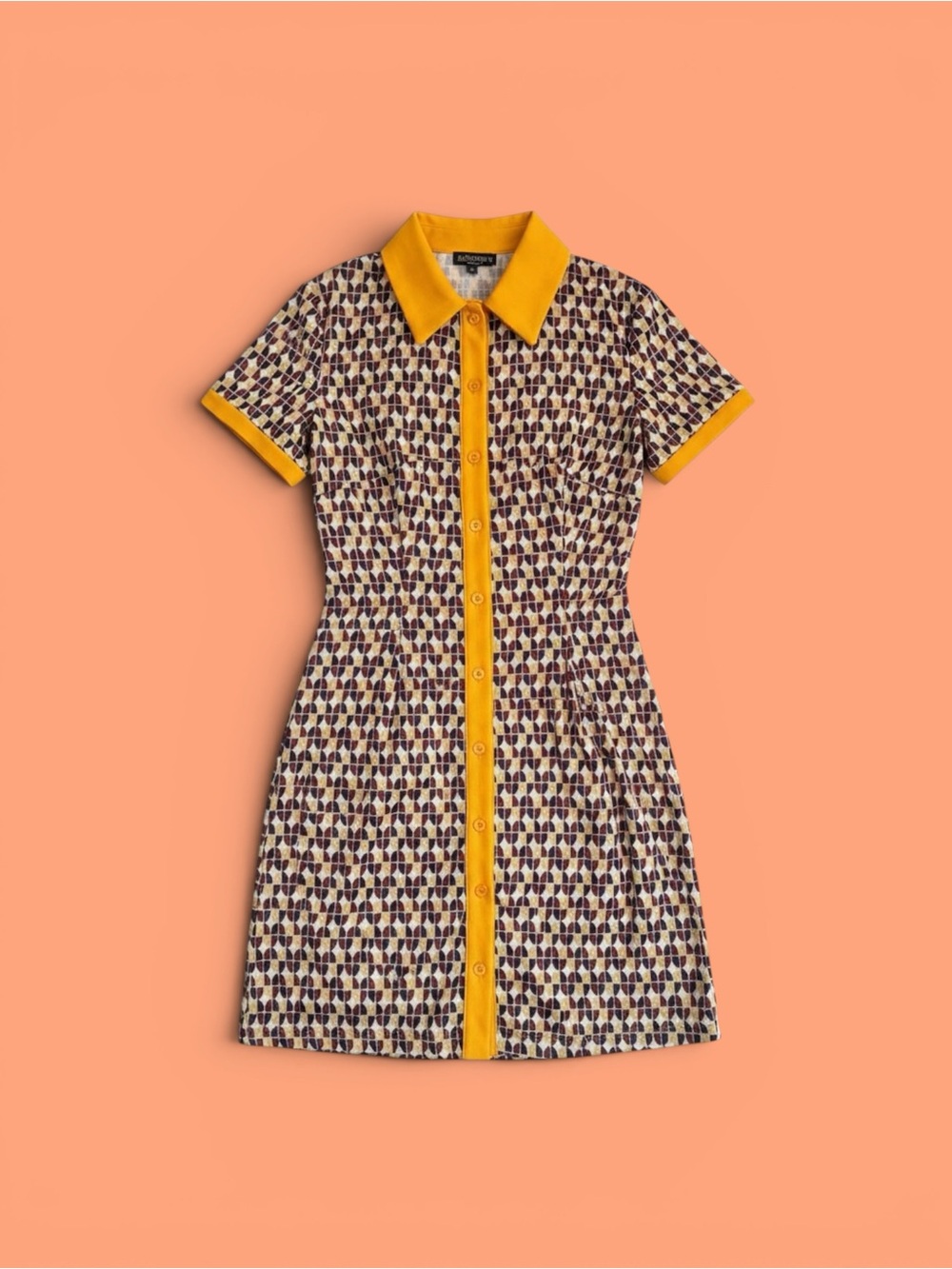 SHEIN Yellow-Trim Geometric Print Mini Shirt Dress